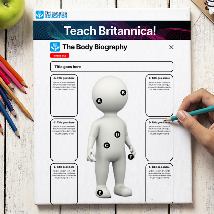 Britannica worksheet "The Body Biography" with cartoon figure and pencils