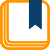 Stacked books icon with bookmark in orange and navy