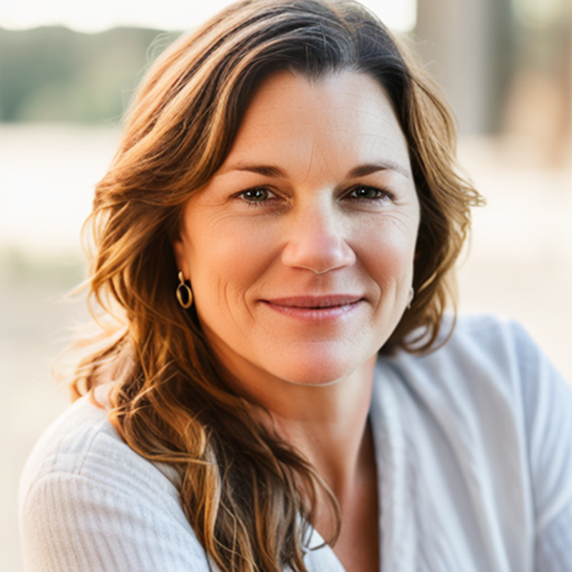 A headshot of a smiling woman with long, wavy blonde hair