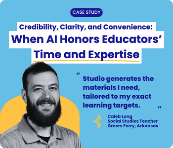 Case study graphic with teacher portrait and quote about AI saving time and improving lesson materials.