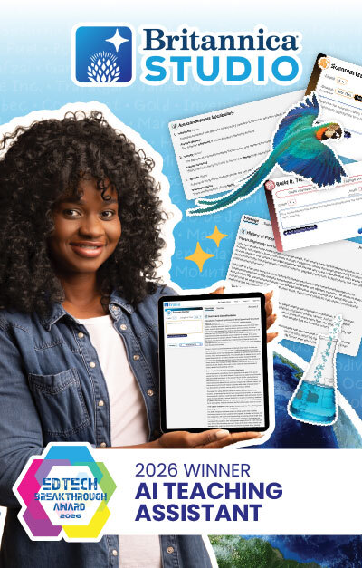 Britannica Studio promotional graphic featuring a person holding a tablet with an AI teaching assistant and a 2026 EdTech award badge.