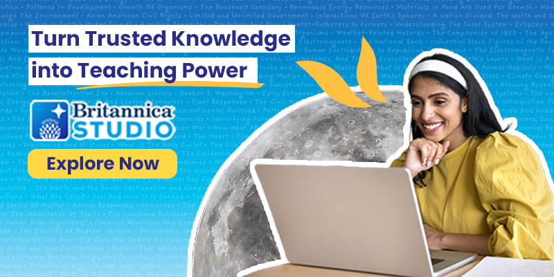 Teacher using laptop with Britannica Studio classroom creation ad.