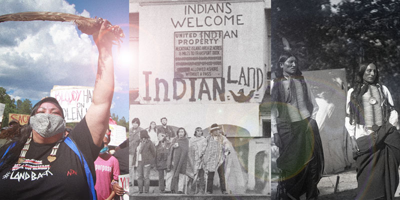 Collage of Indigenous activism and colonial history in the United States.