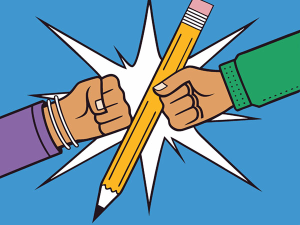 Two fists collide, one holding a yellow pencil, with a burst effect.