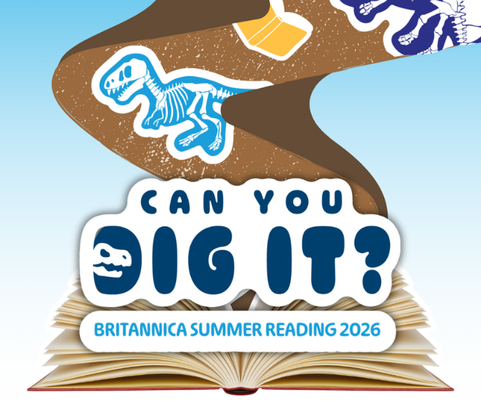 Cartoon dinosaur bones above open book, text Can You Dig It summer reading 2026.
