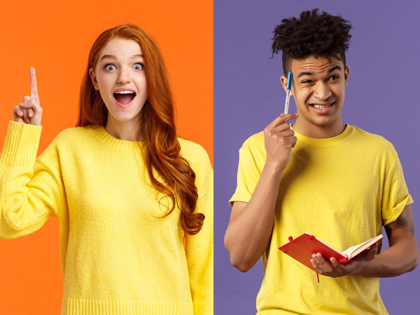 Excited woman with idea and confused man with notebook.