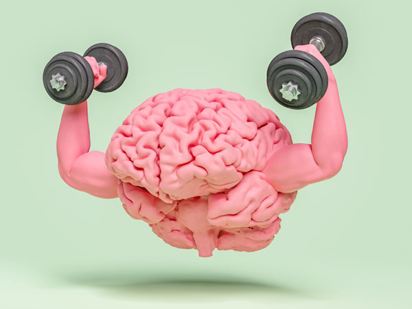 Pink brain lifting dumbbells with muscular arms on green background.