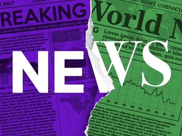 Torn newspaper headlines spell "NEWS" in purple and green colors.