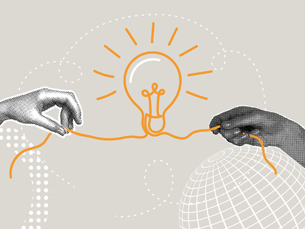 Two hands holding an orange string forming a glowing light bulb between them.