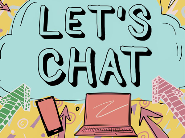 “Let’s Chat” text with phone and laptop illustrations.