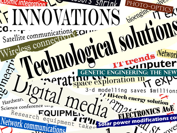 Collage of technology terms and headlines in various fonts.