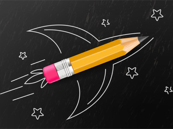 Chalk drawing of rocket ship on blackboard.