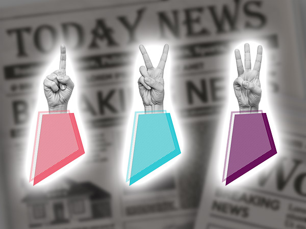 Three hands showing numbers one, two, three against newspaper background.