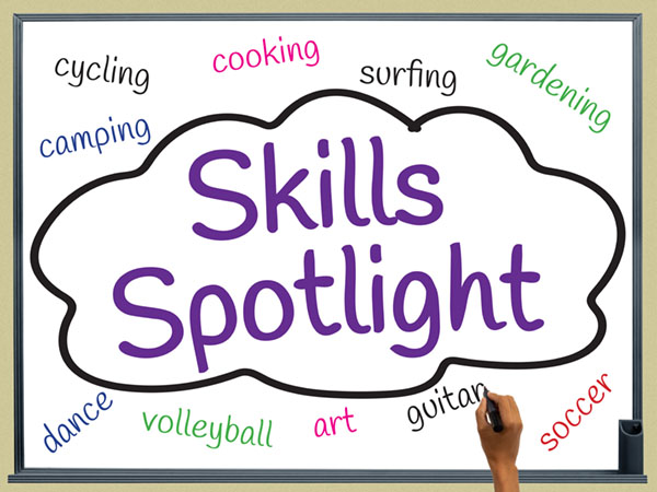Whiteboard with Skills Spotlight surrounded by words like cooking, surfing, and gardening.