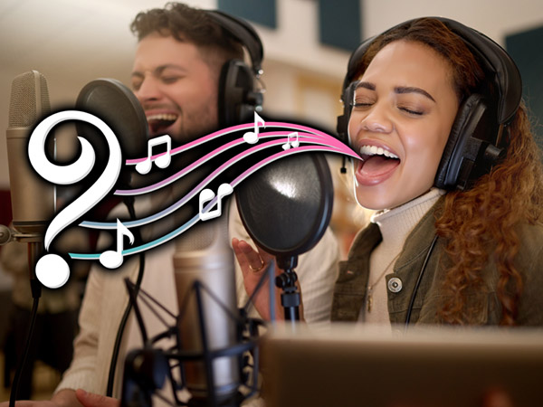 Person singing into microphone with musical notes in background.