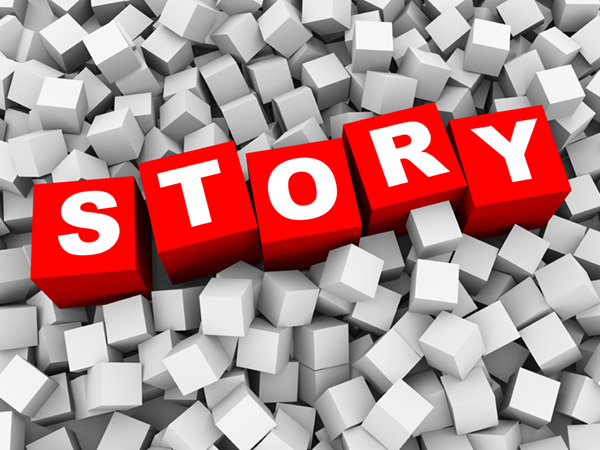 Red "STORY" text emerges from scattered white 3D cubes background.