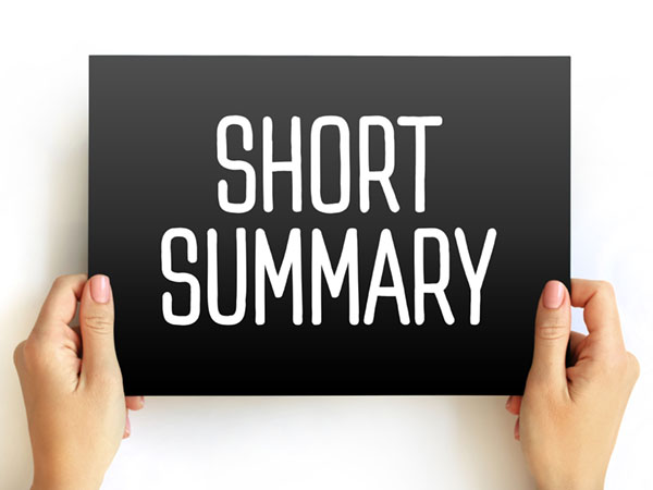 Hands holding a black sign with "SHORT SUMMARY" in white text.