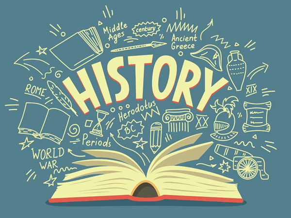 Open book with history-themed doodles and the word History around an open book.