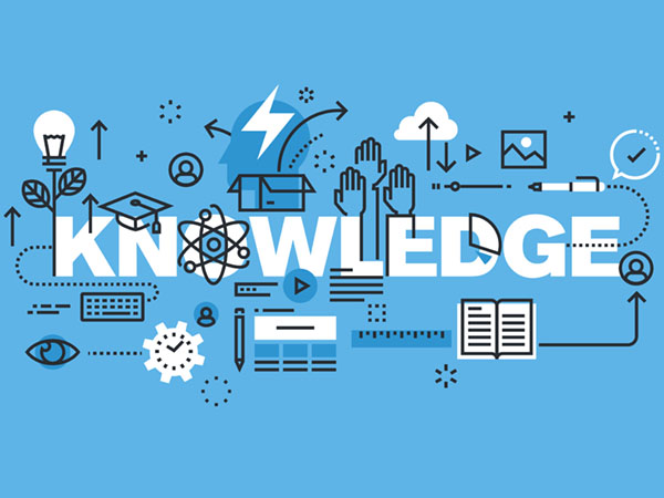 "Knowledge" with education and science-themed icons on a blue background