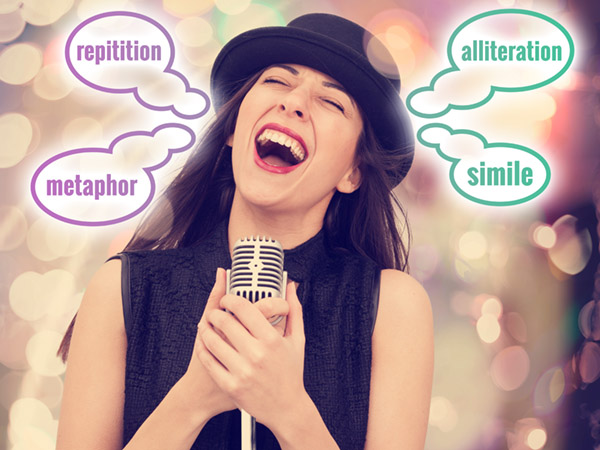 Person singing with microphone, surrounded by literary terms in bubbles.