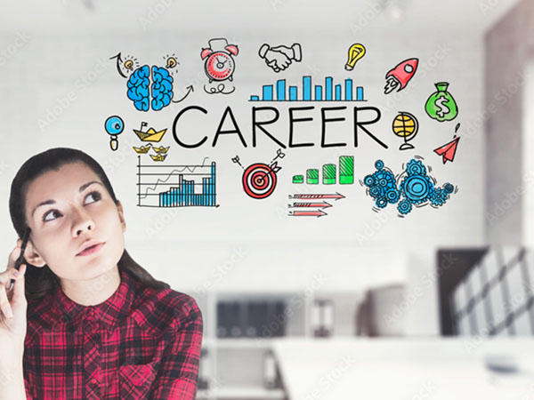 Woman thinking about career with icons around word "CAREER".