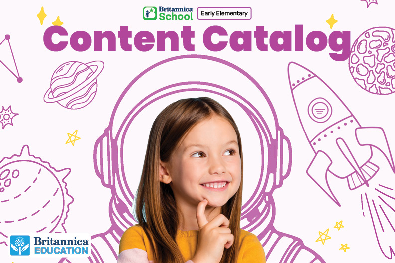 Cover of Britannica School Early Elementary Content Catalog with child.