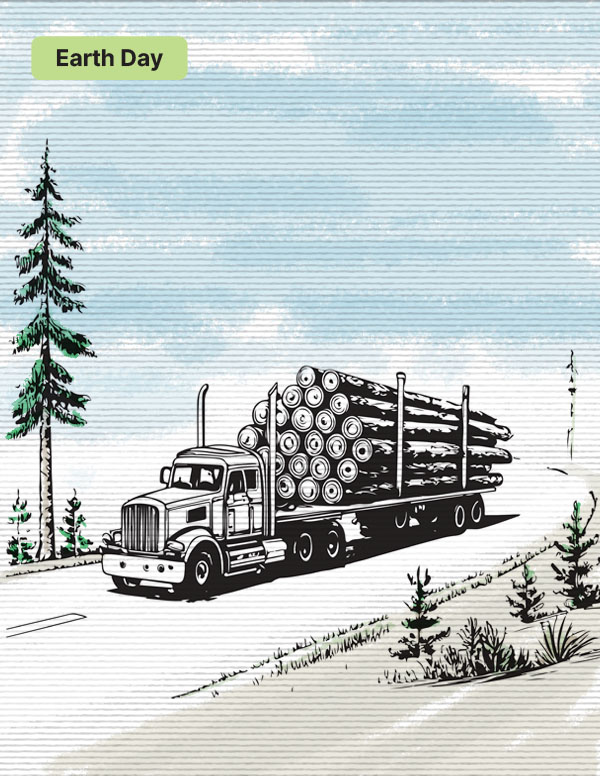 Illustration of logging truck hauling cut timber past sparse trees.