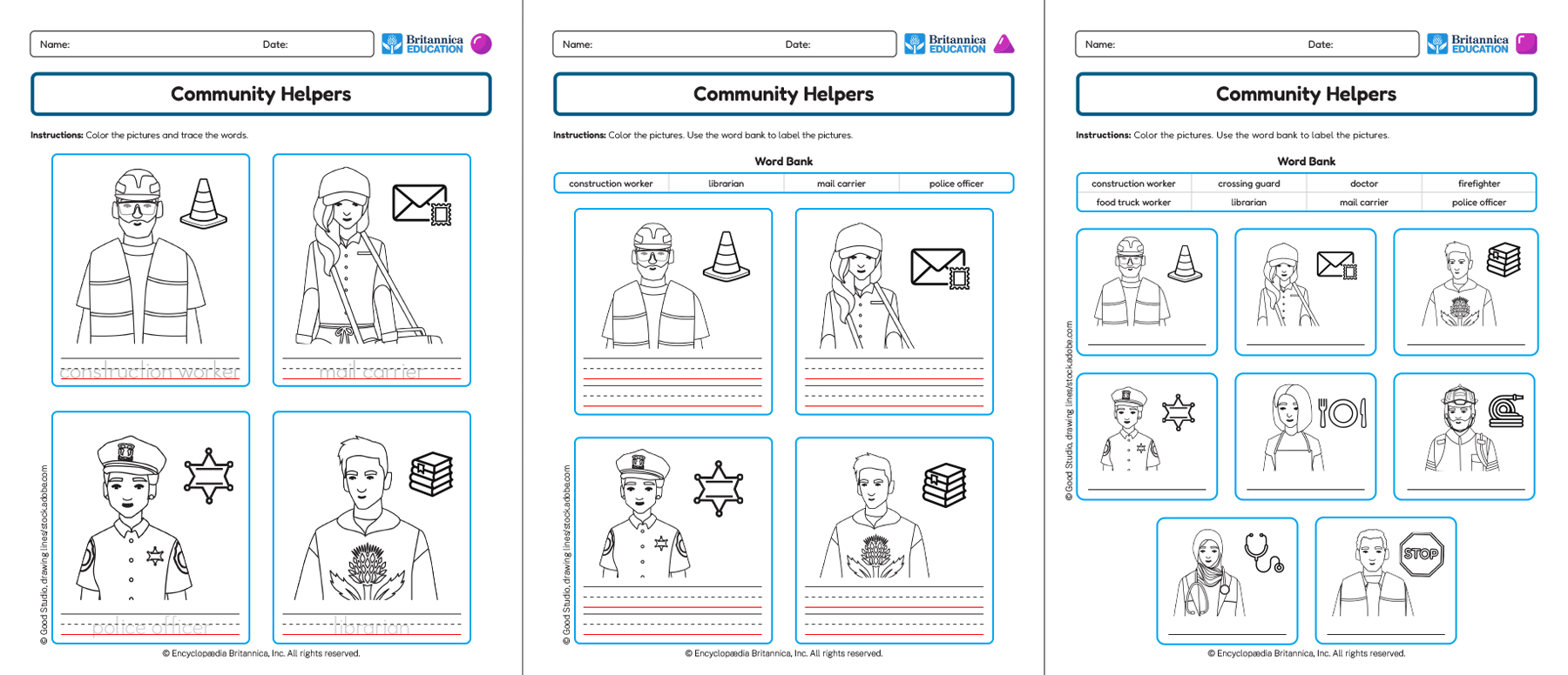 Three Community Helpers worksheets showing labeling and coloring activities.