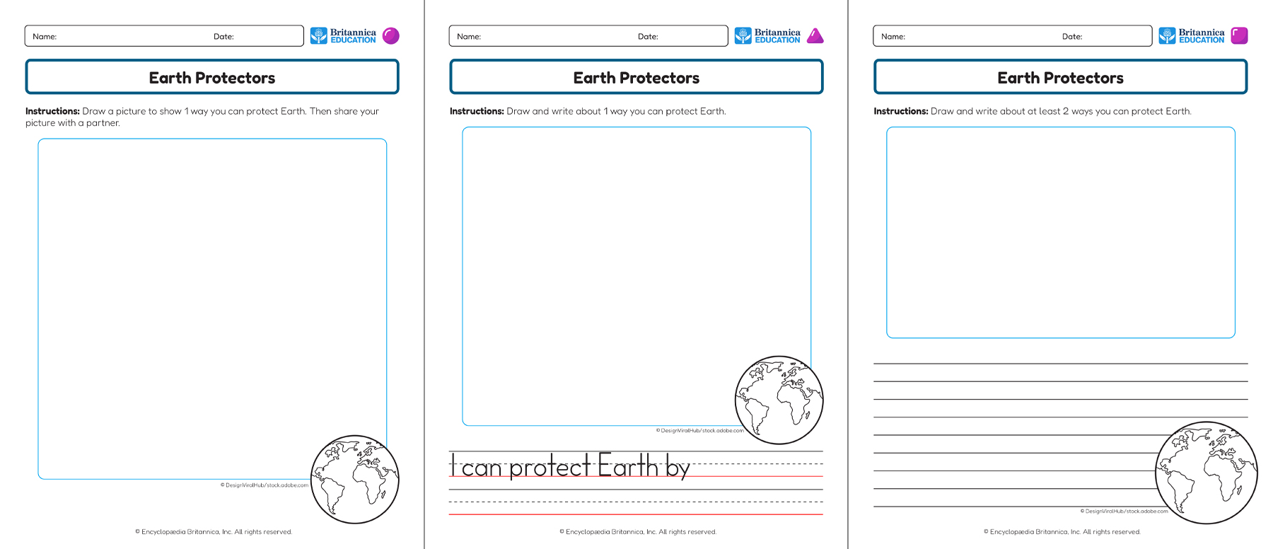 Three Earth Protectors worksheets showing drawing and writing activities.