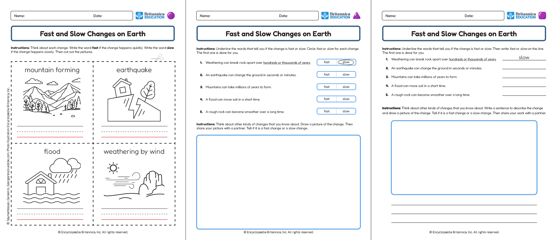 Three Fast and Slow Changes on Earth worksheets showing writing and drawing activities.