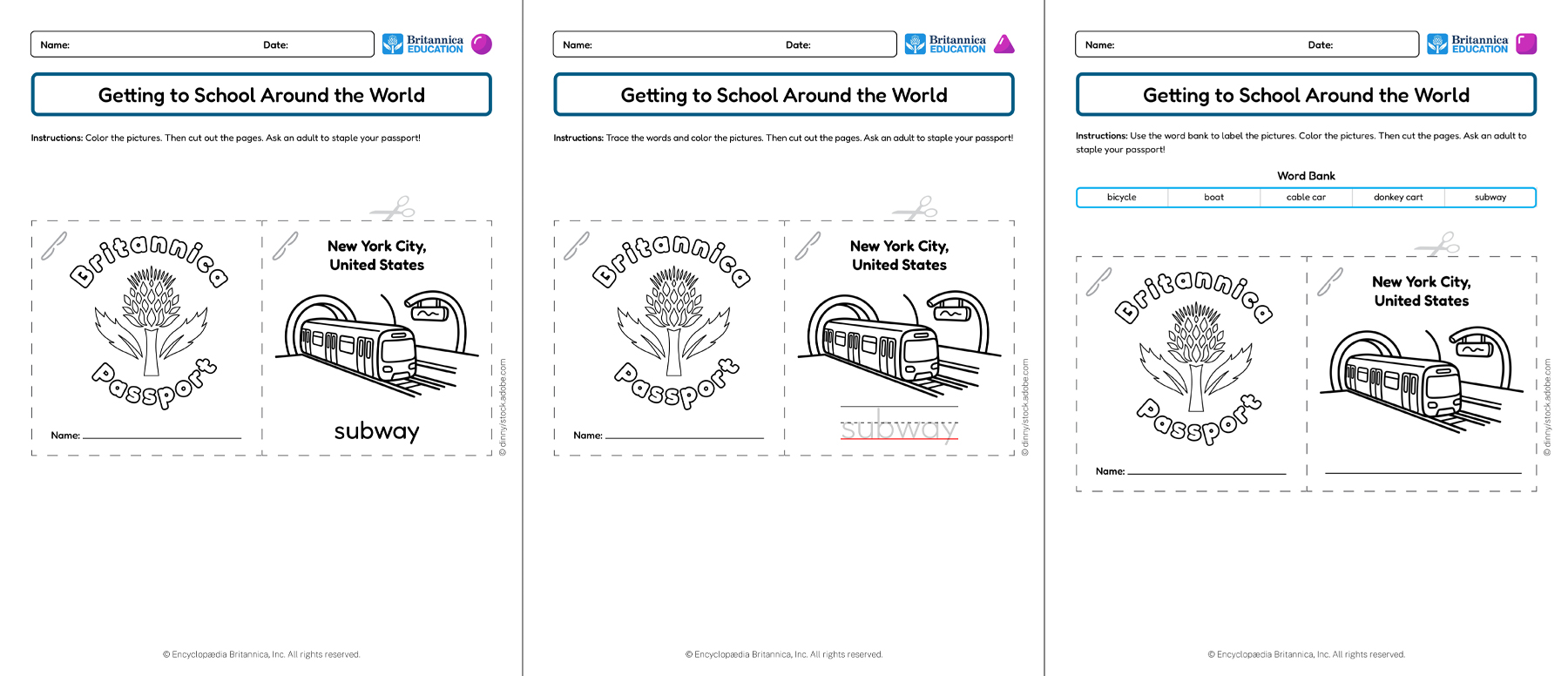 Three Getting To School Around the World worksheets showing booklets with different forms of transportation.