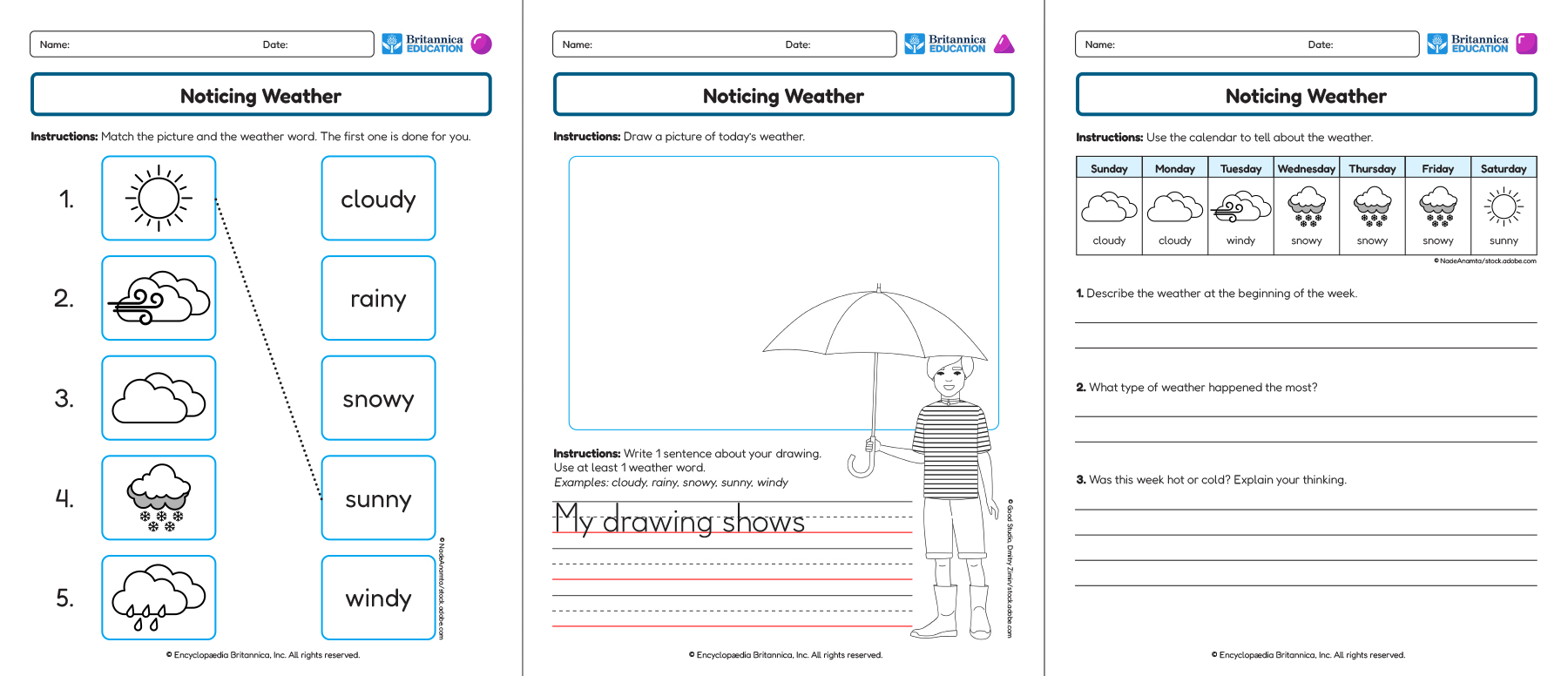 Three Noticing Weather worksheets showing matching, drawing, and writing activities.