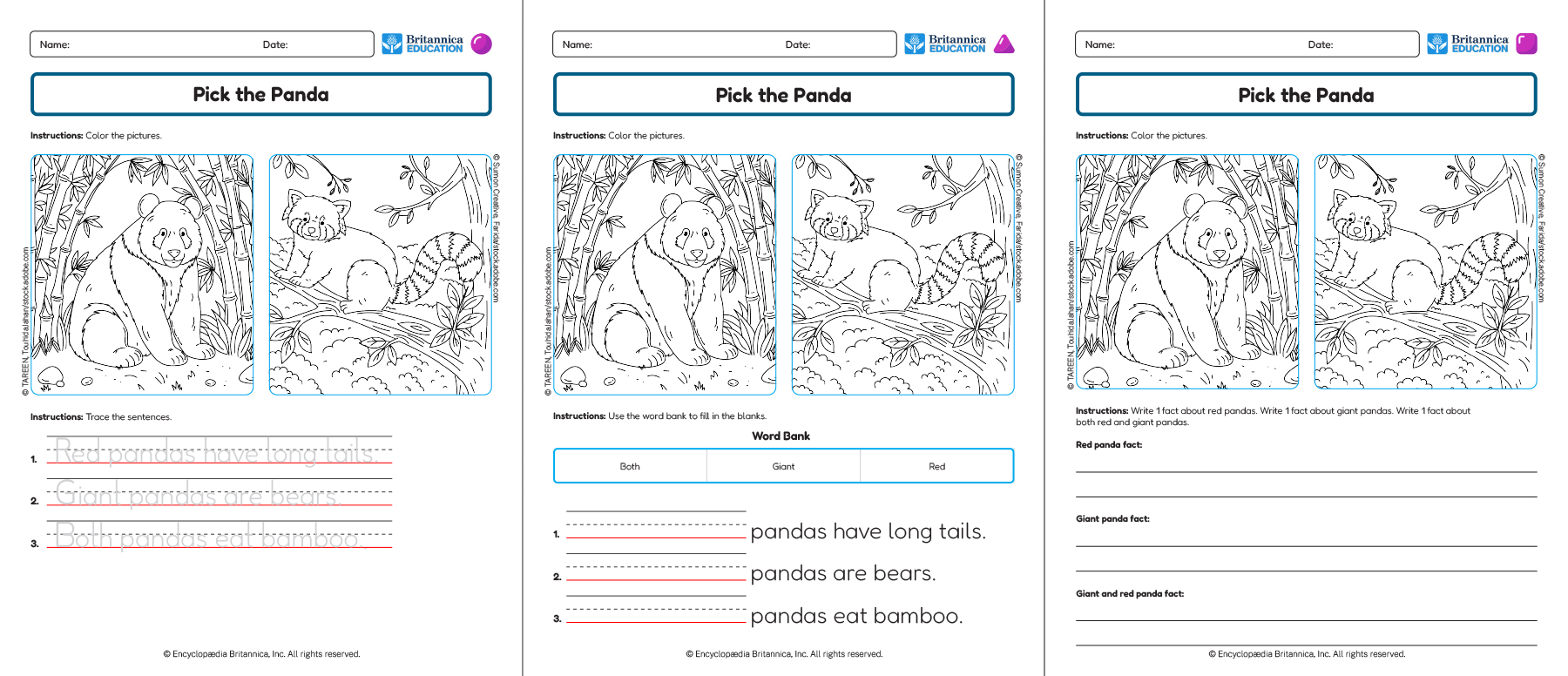Three Pick the Panda worksheets showing coloring and writing activities.