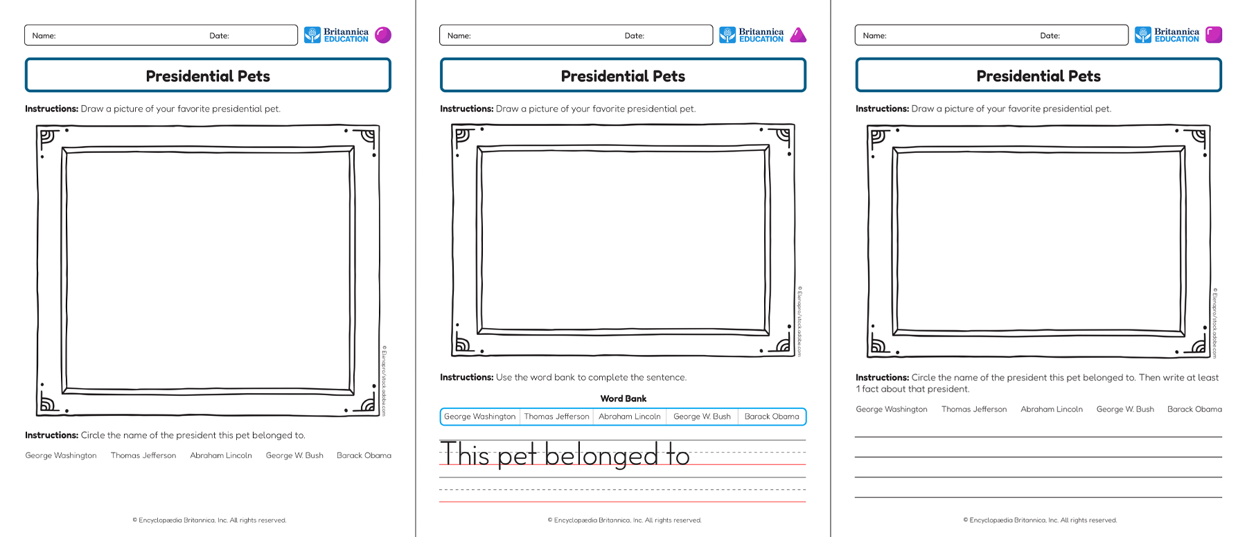 Three Presidential Pets worksheets showing drawing and writing activities.