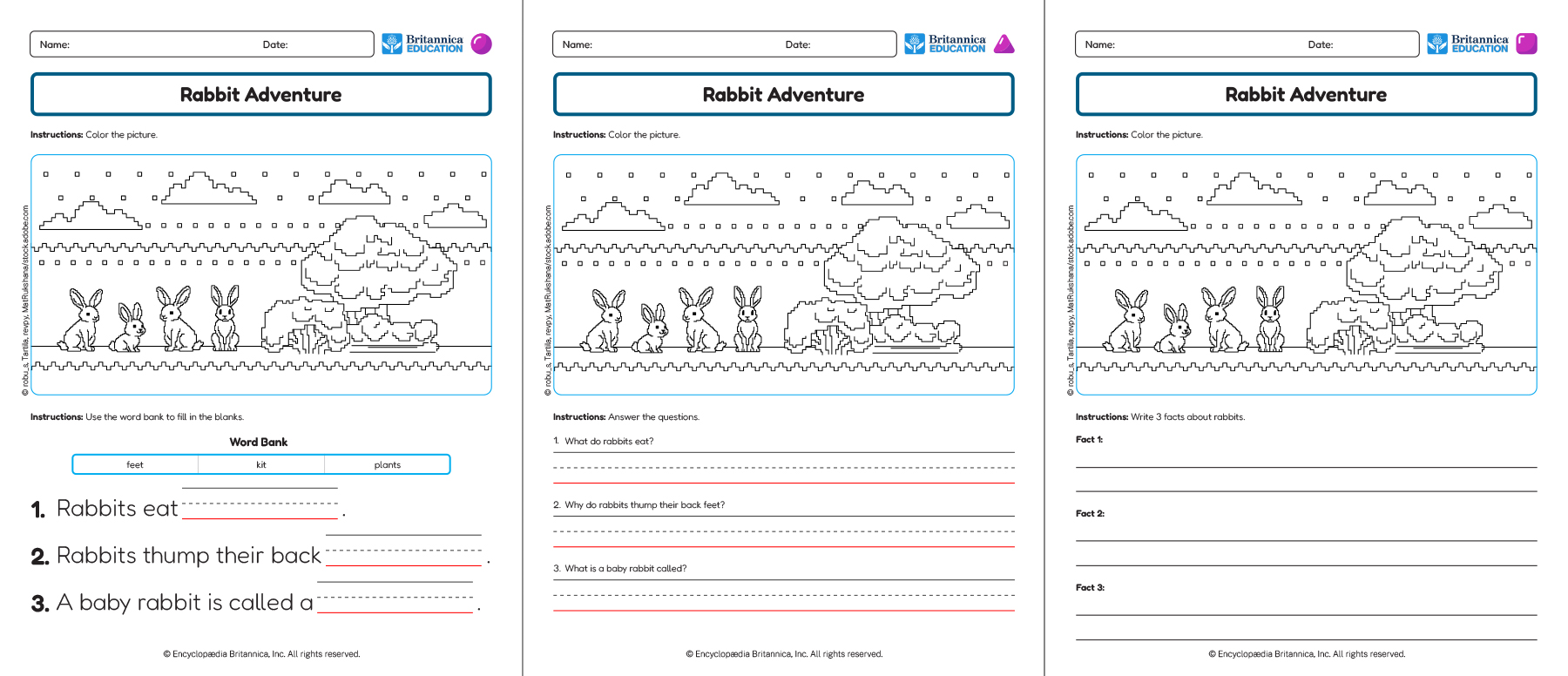 Three Rabbit Adventure worksheets showing coloring and writing activities.