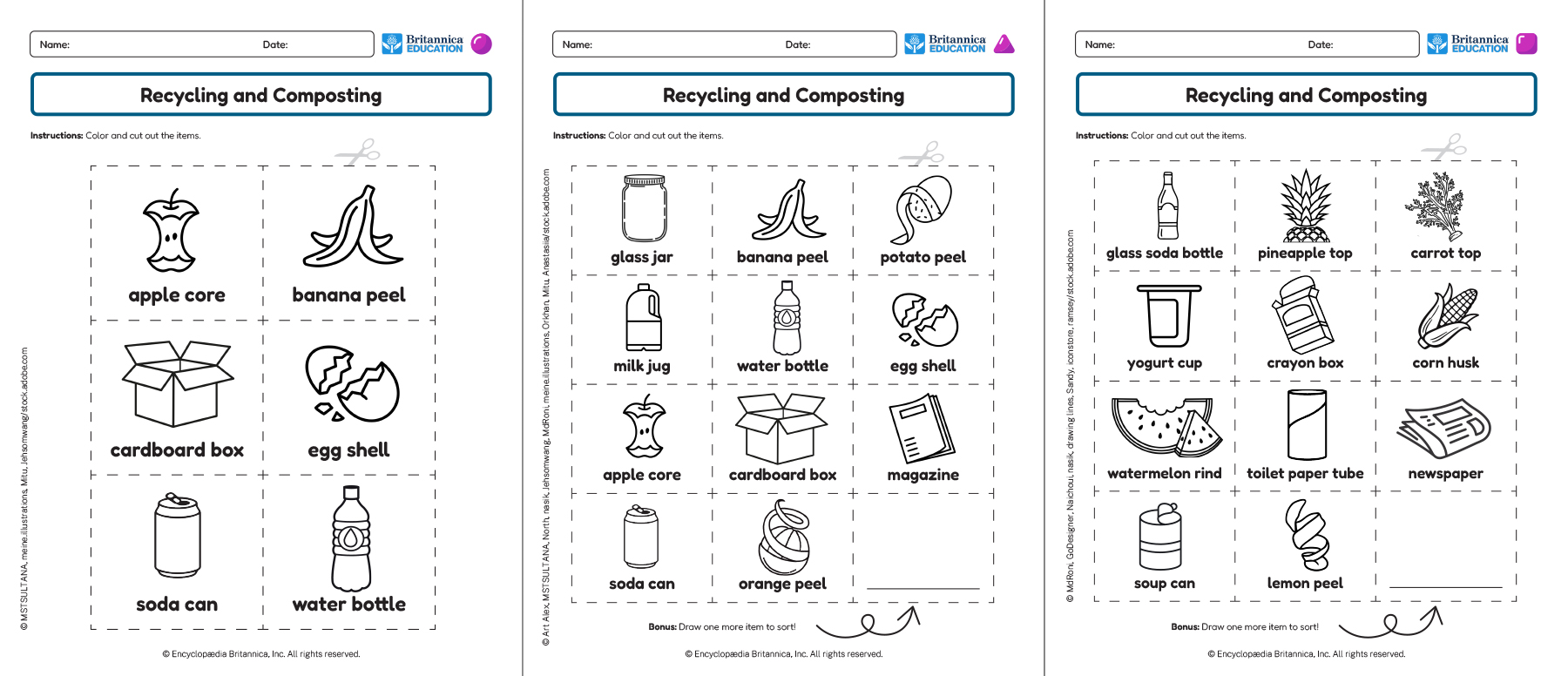 Three Recycling and Composting worksheets showing color, cut, and sort activities.
