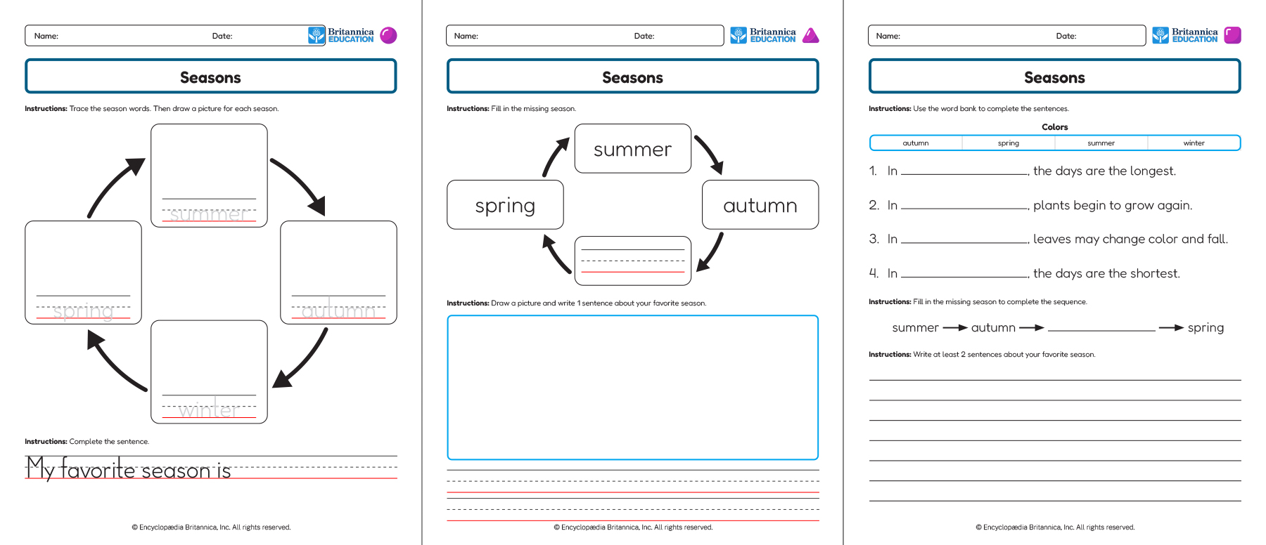 Three Seasons worksheets showing sequencing and writing activities.