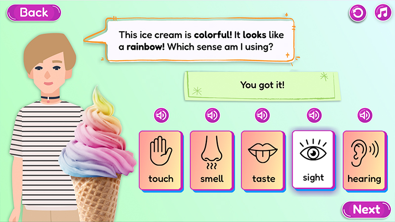 Interactive image of a character describing the appearance of an ice cream cone. The text of a question about senses is displayed with the correct response indicated and feedback shown.