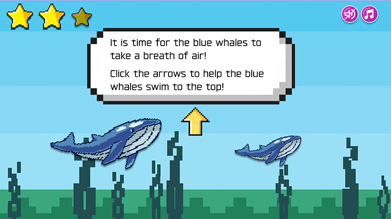 Interactive image of a video game screen prompting students to click arrows to move two whales.