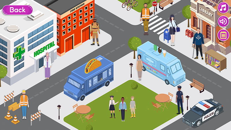 Interactive image of a town with community helpers and their workplaces.
