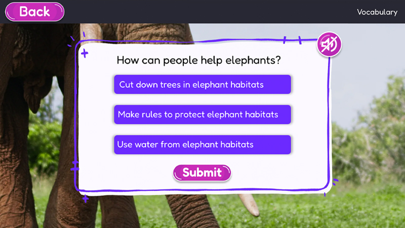 Interactive image of an elephant with a question and three answer choices.