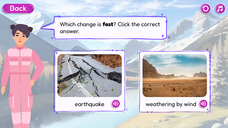 Interactive image of a character asking a question about changes on Earth.