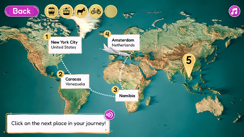 Interactive image of a world map with 5 travel destinations.