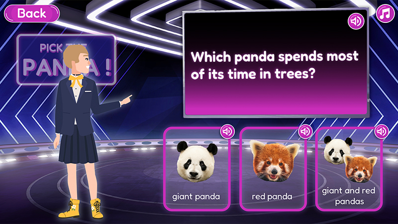 Interactive image of a game show style stage with a character pointing to a question displayed on a screen with answer choices displayed below.