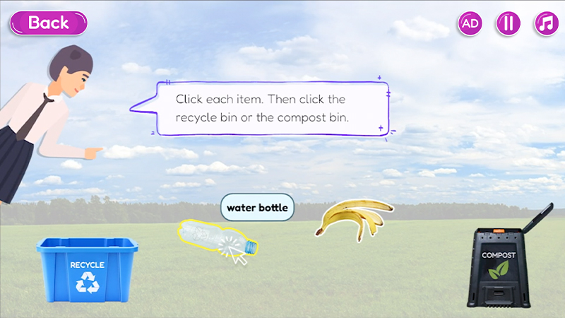 Interactive image of a recycle bin, a compost bin, a banana peel, and a water bottle with a character providing directions for the activity.