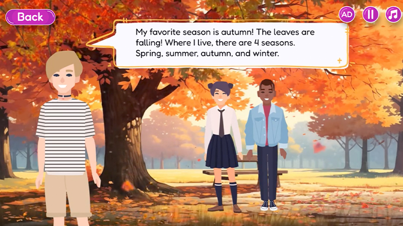 Interactive image of an autumn day with the three characters on screen.