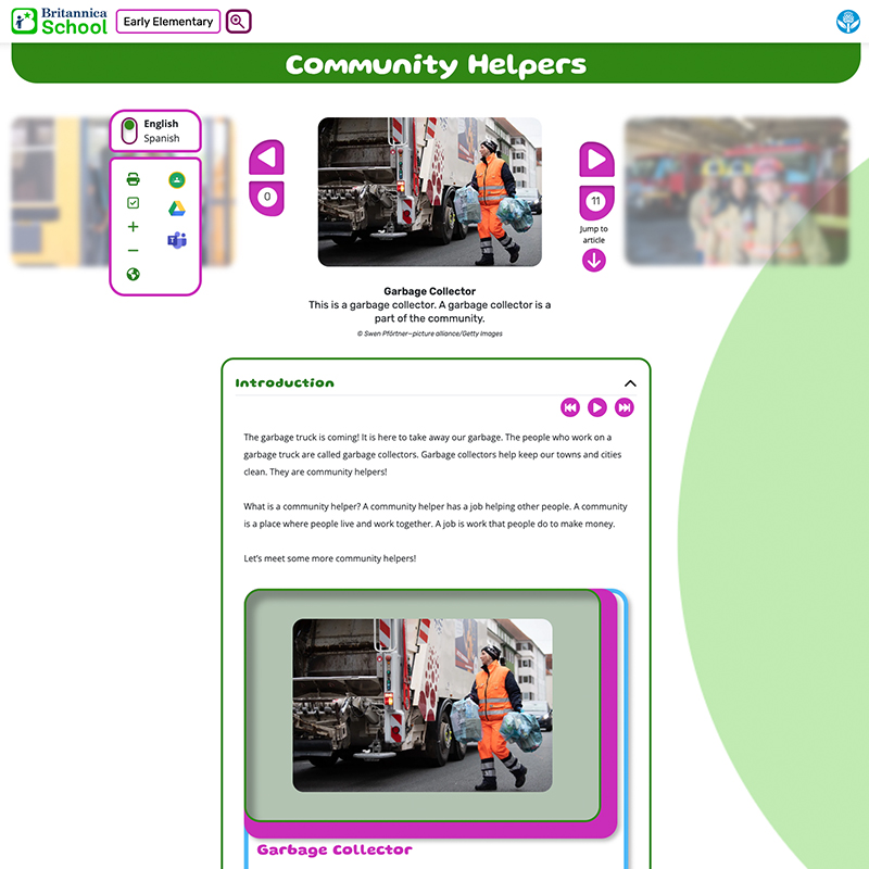 Britannica School web page about community helpers with a photo of a garbage collector.