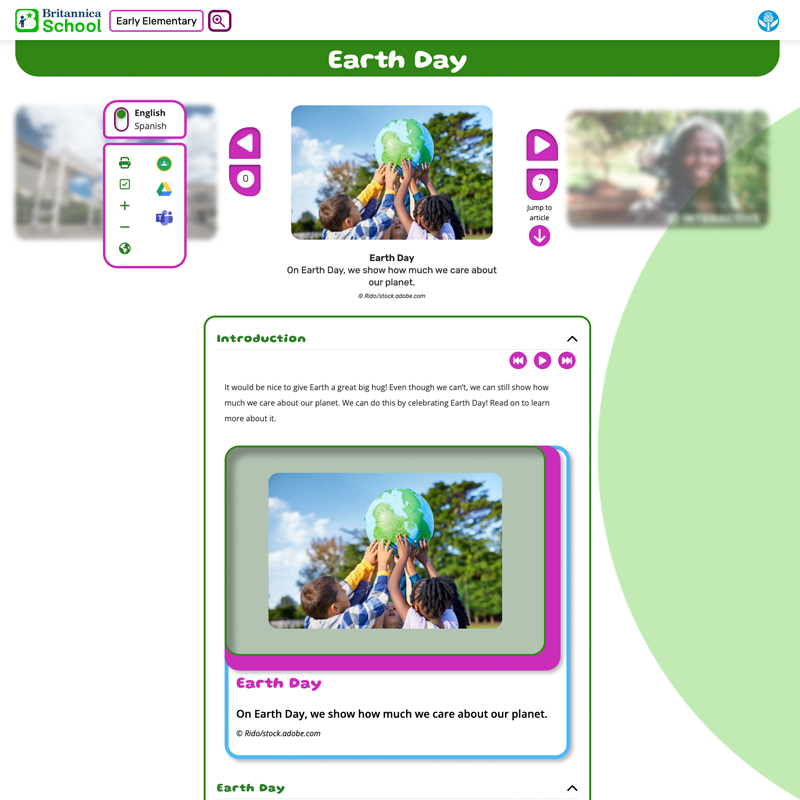 Britannica School web page about Earth Day with a photo of students with a globe and introductory text.