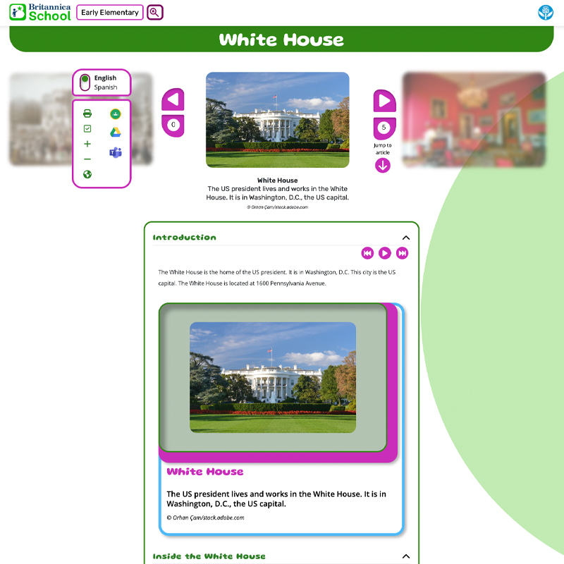 Britannica School web page about the White House with a photo of a White House and introductory text.