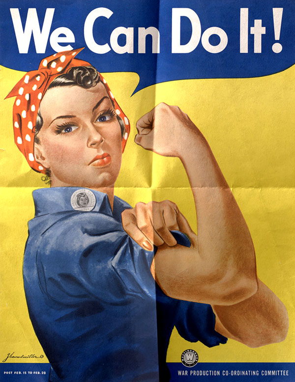 We Can Do It poster showing woman flexing arm in blue work shirt.